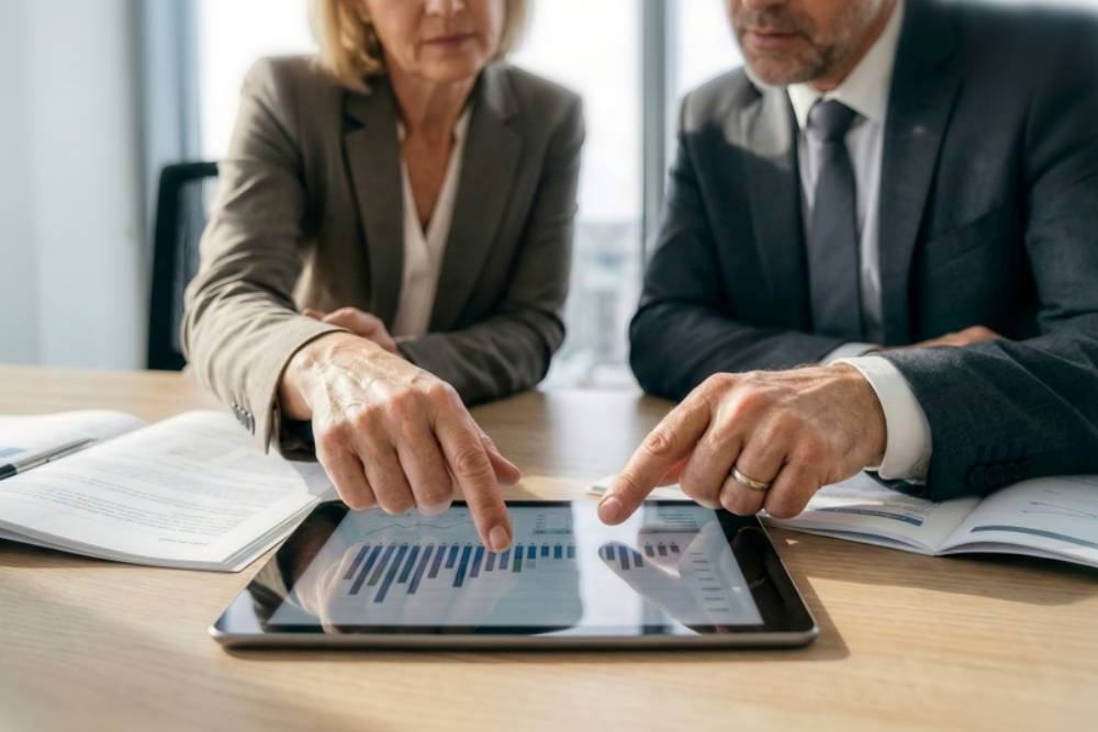 Business Professionals Analyzing Financial Data on Tablet Close-up of Corporate Team Reviewing Charts, Graphs, and Statistics in Office Meeting for Strategy and Investment Planning